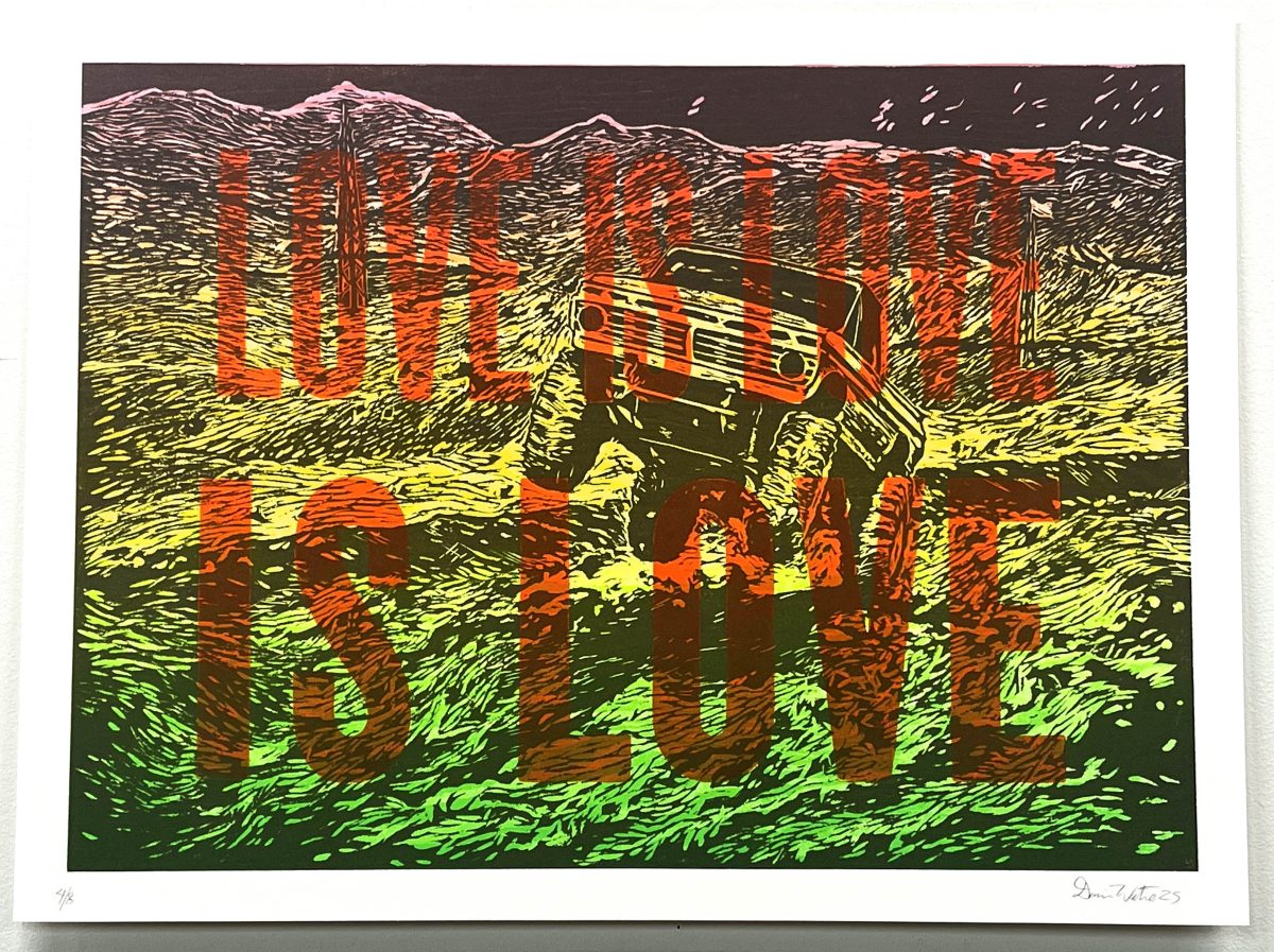 A vibrant woodcut print depicting a jeep navigating a mountainous landscape rendered in bold strokes of orange, yellow, green, and brown. The vehicle is centered in the composition against layered hills and a dark sky, with the landscape's texture created through expressive linear marks characteristic of relief printing.