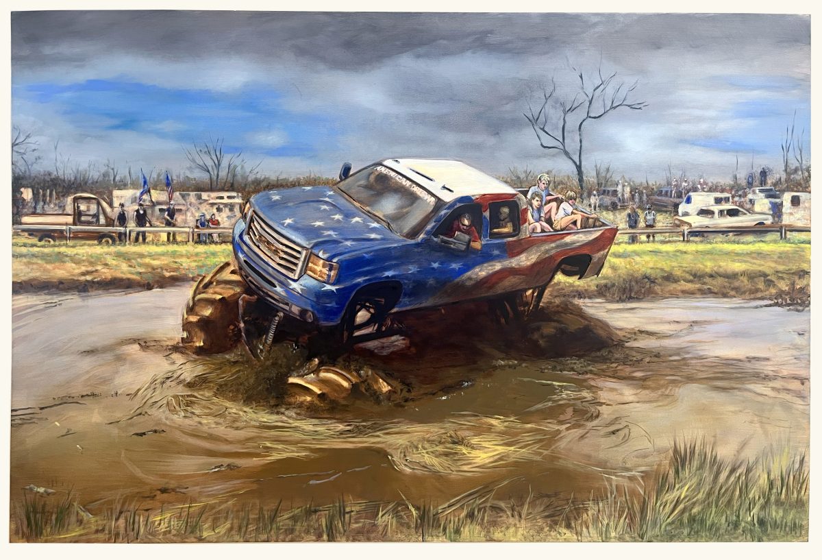 A blue and red pickup truck decorated with an American flag design sits tilted in muddy water, with figures visible in the cab and truck bed. In the background, a sparse landscape with bare trees, scattered buildings, and onlookers extends toward a hazy sky, rendered in muted earth tones and grays with touches of blue.