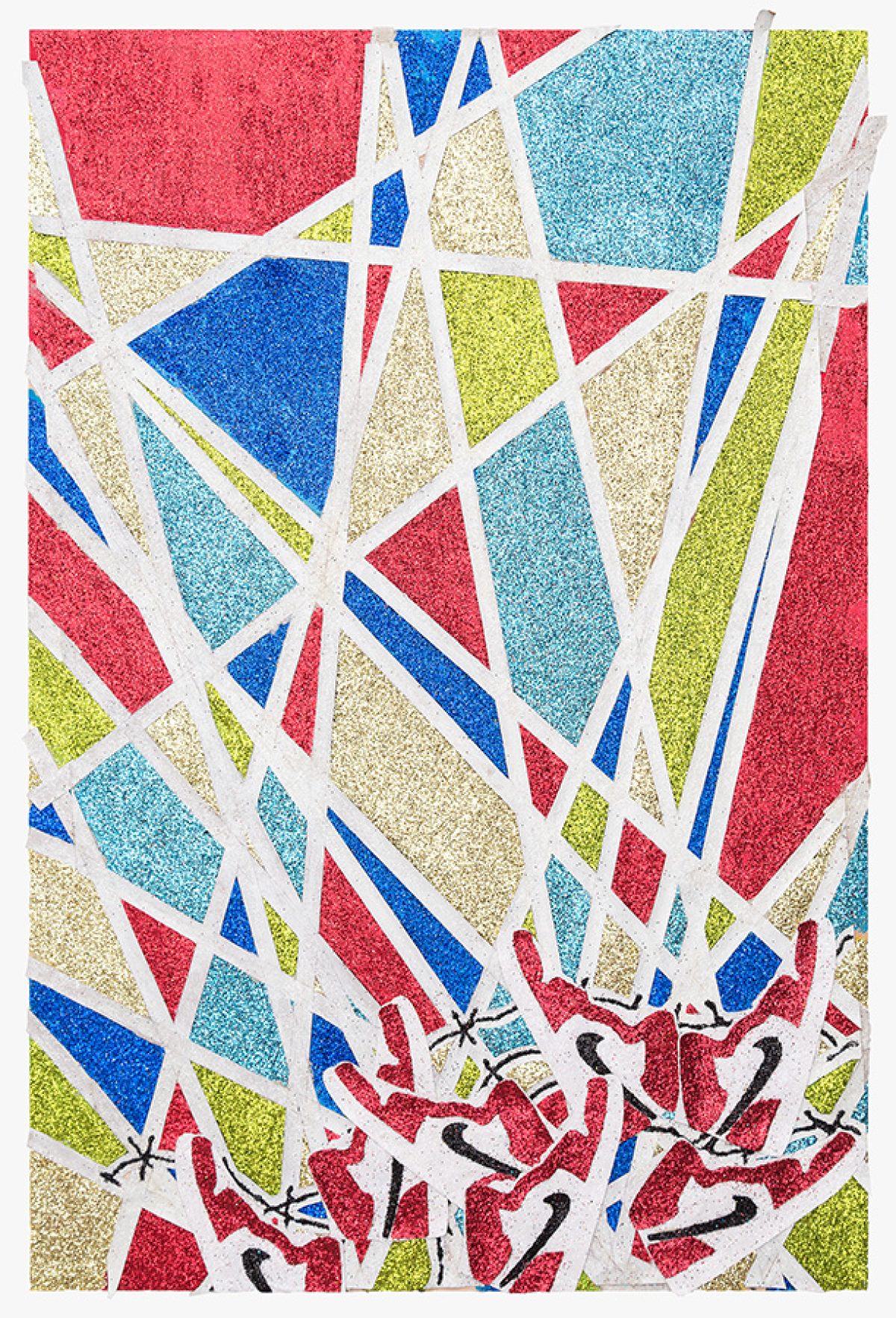 Colorful geometric composition of intersecting triangular and angular shapes in red, blue, cyan, lime green, and cream, separated by white lines and embellished with glitter. Organic black marks and numerical notations appear in the lower portion of the work.