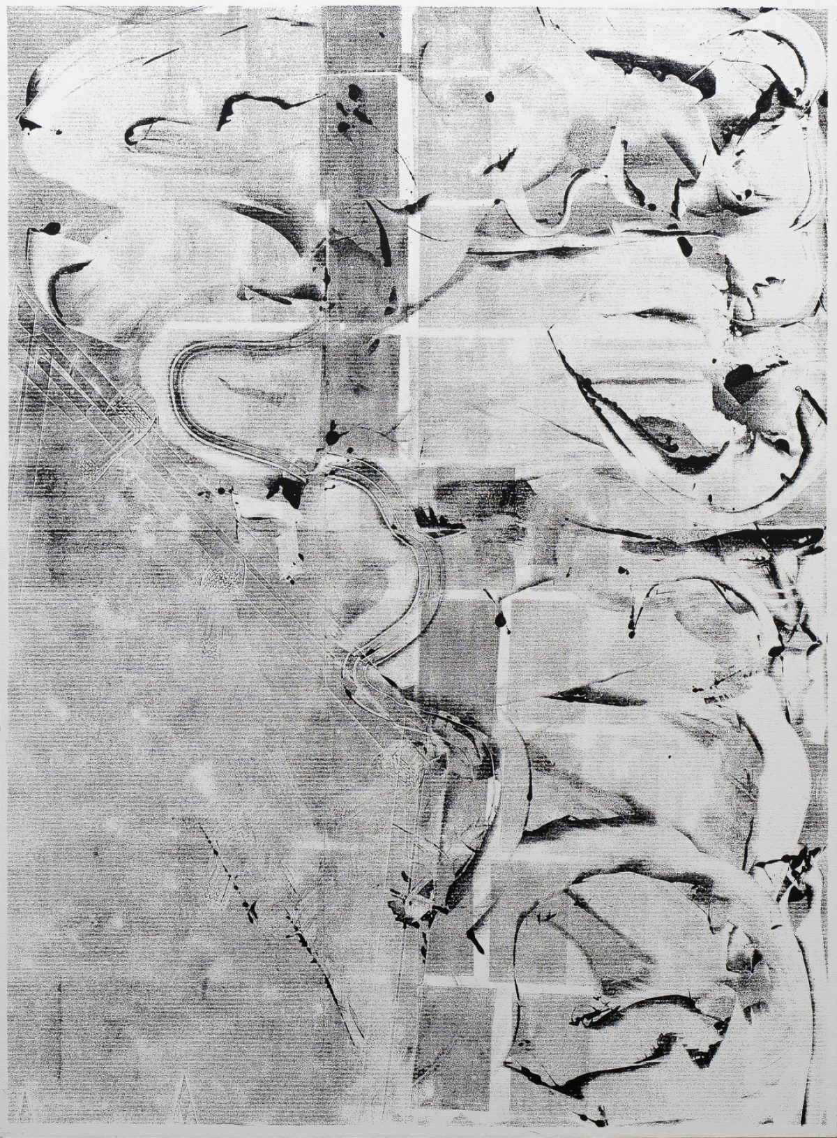 A composition of overlapping profile portraits rendered in black ink and gestural marks against a textured, cream-colored ground. The faces are layered and fragmented, with expressive linear strokes creating movement across the surface, creating an abstract, layered effect that suggests multiple perspectives simultaneously.