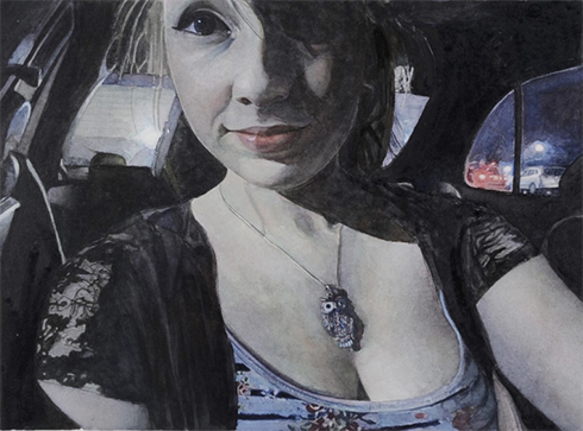 A portrait of a woman with dark hair wearing a blue dress and black lace shawl, seated in what appears to be a car interior. The work employs a monochromatic palette with selective blue tones, rendered in loose, expressive brushwork that creates an intimate, contemplative mood.