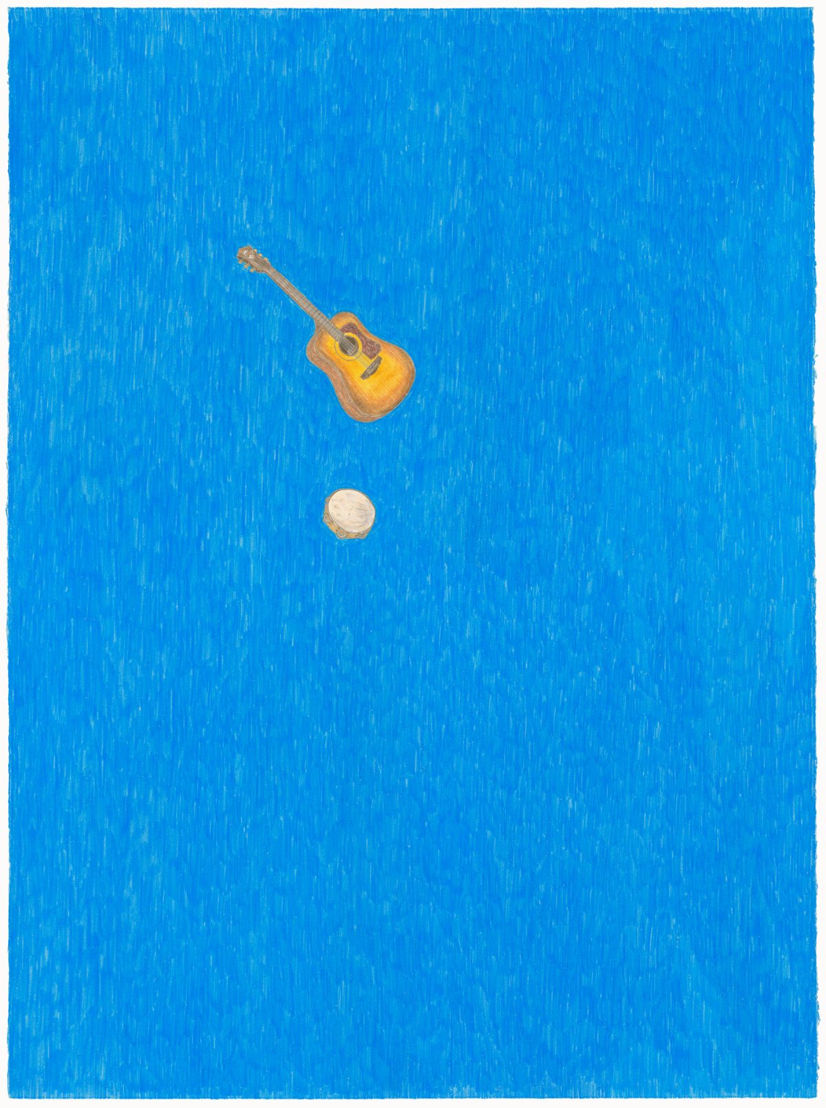 A yellow acoustic guitar and a white circle float against a vibrant blue textured background, rendered in warm and cool tones with visible linear marks throughout.