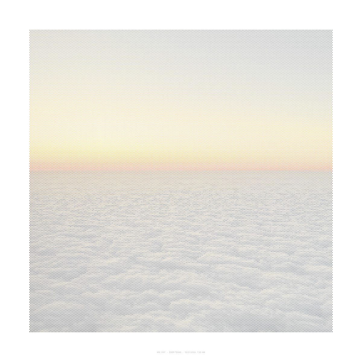 A gradient composition made of densely packed dots that shift from gray and tan at the top, through warm yellows and oranges in the middle, to deep reds and browns at the bottom, creating a subtle atmospheric effect across the square format.