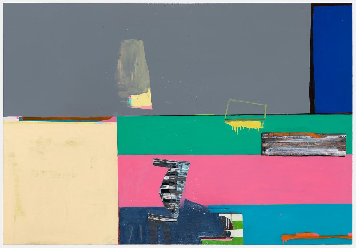Abstract composition featuring bold horizontal bands of color—cream, emerald green, hot pink, navy, and teal—interspersed with fragmented photographic imagery including architectural forms, wood textures, and geometric shapes. Layered paint application creates a collage-like effect across the canvas.