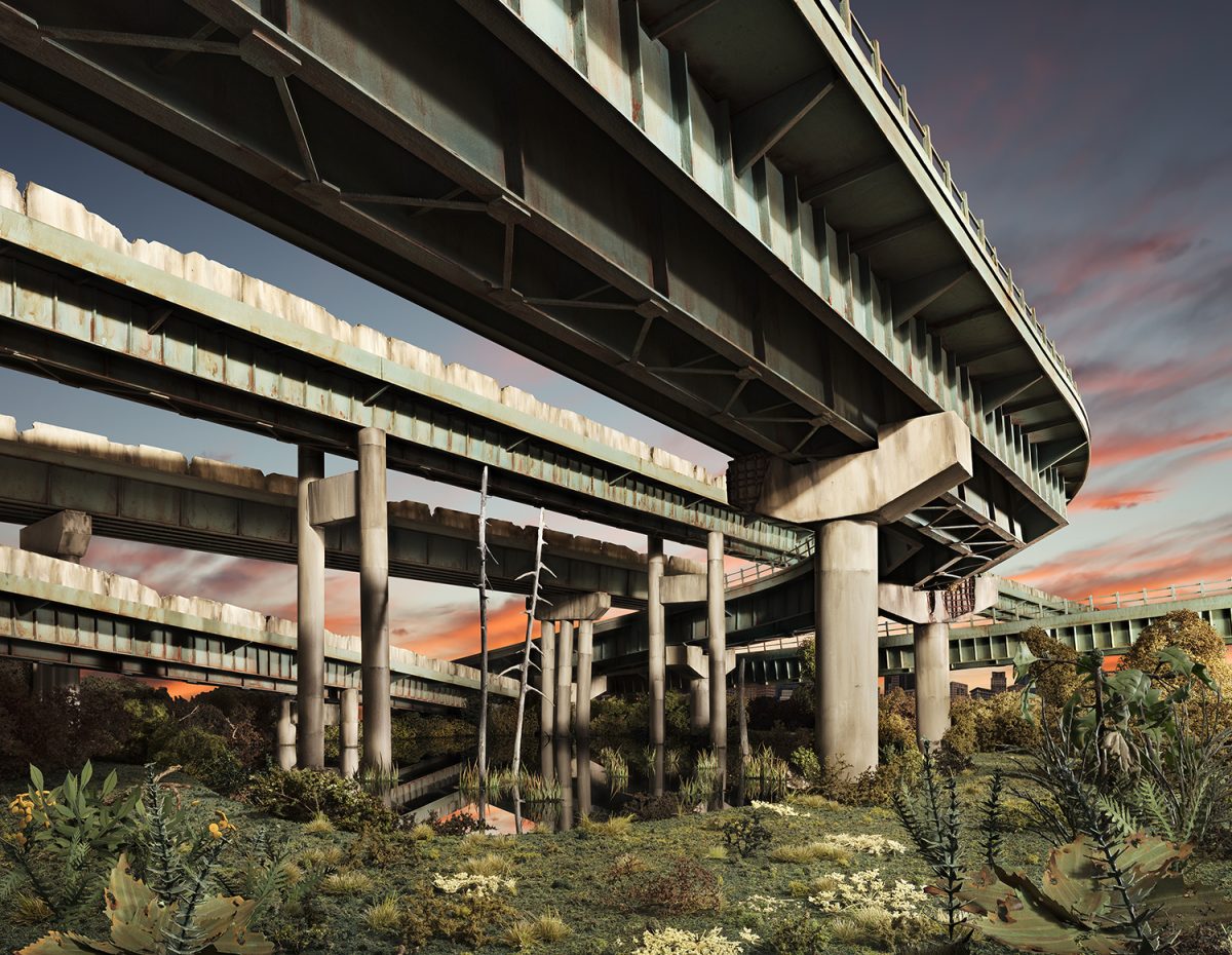 Layered concrete highway overpasses frame a natural landscape of desert vegetation and wildflowers beneath a dramatic sunset sky rendered in orange, pink, and blue tones. The composition contrasts the austere brutalism of the architectural structure with the delicate growth of plants emerging in the foreground.