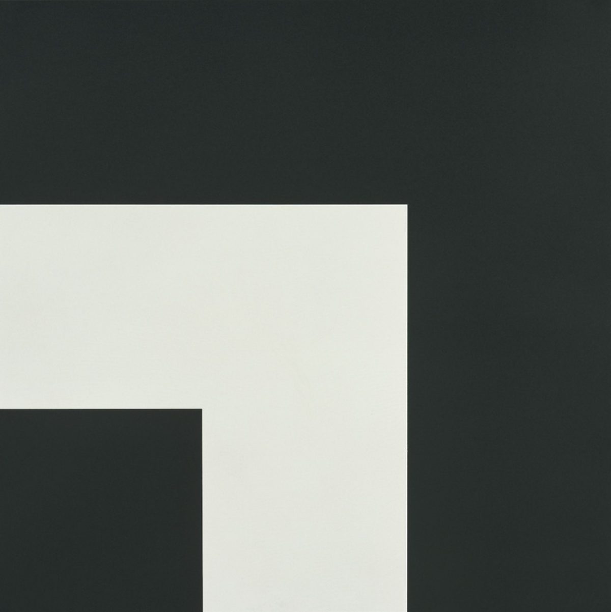 Geometric composition of three rectangular color fields: a light cream-white panel in the center, flanked by dark charcoal gray-black sections on the left and right, with the left portion extending lower than the right, creating an asymmetrical arrangement.