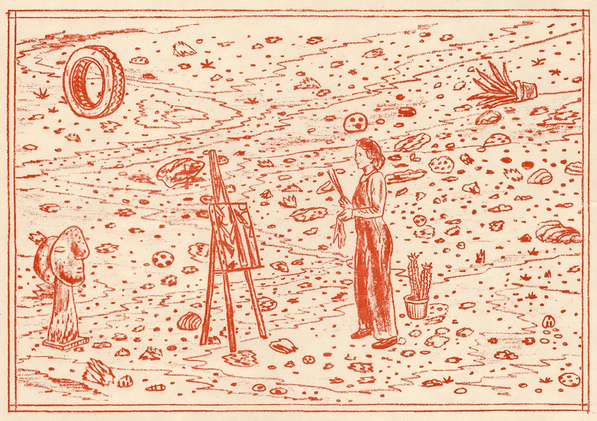 Red-toned woodcut depicting two figures in a surreal desert landscape dotted with scattered objects and celestial forms. One figure stands on a ladder-like structure while another stands nearby with a potted cactus, surrounded by floating geometric shapes, spheres, and abstract debris against a textured, cream-colored background.