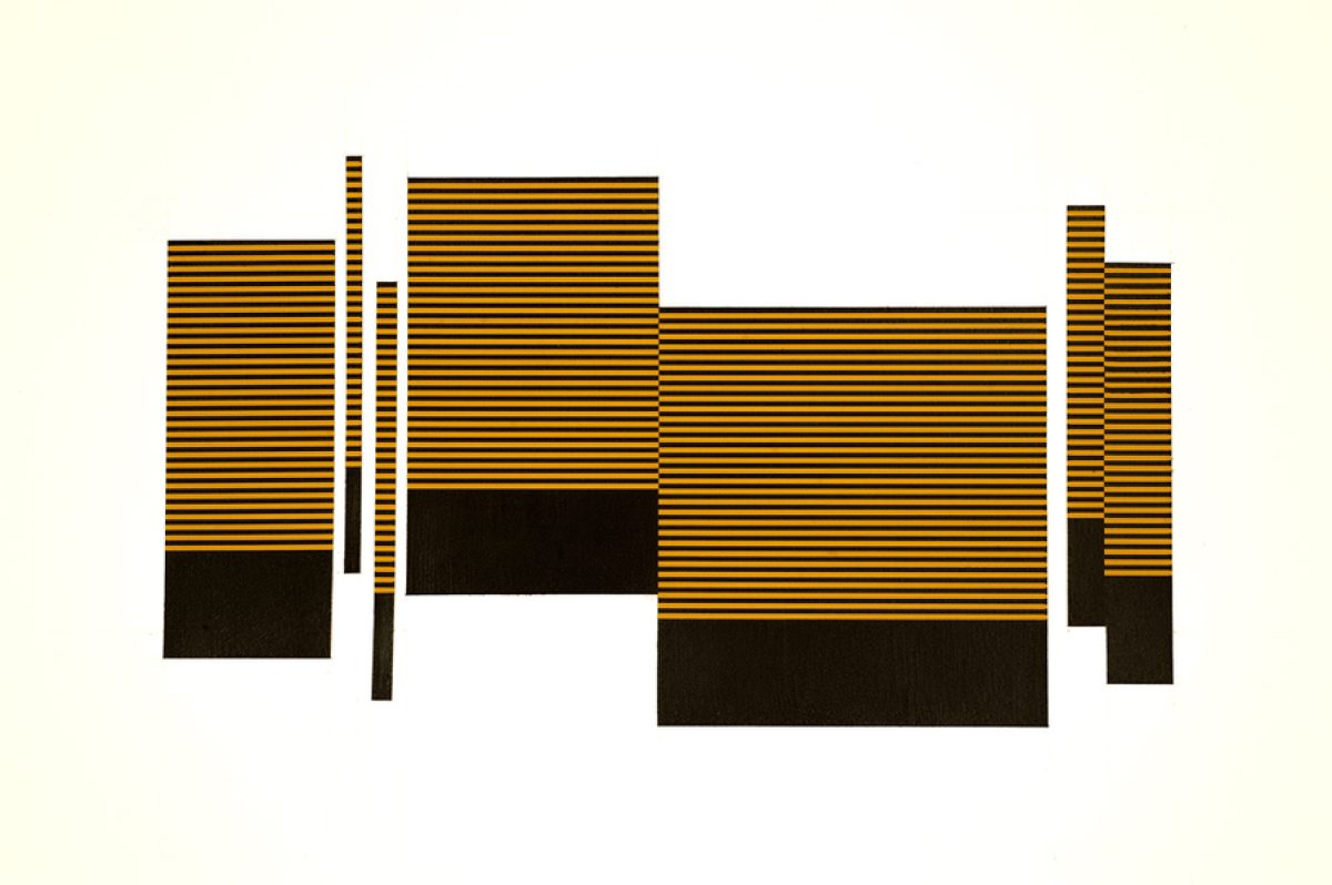 Abstract composition featuring horizontal striped patterns in ochre and black, with solid black rectangular forms at the base, arranged in a staggered architectural configuration against a cream background.