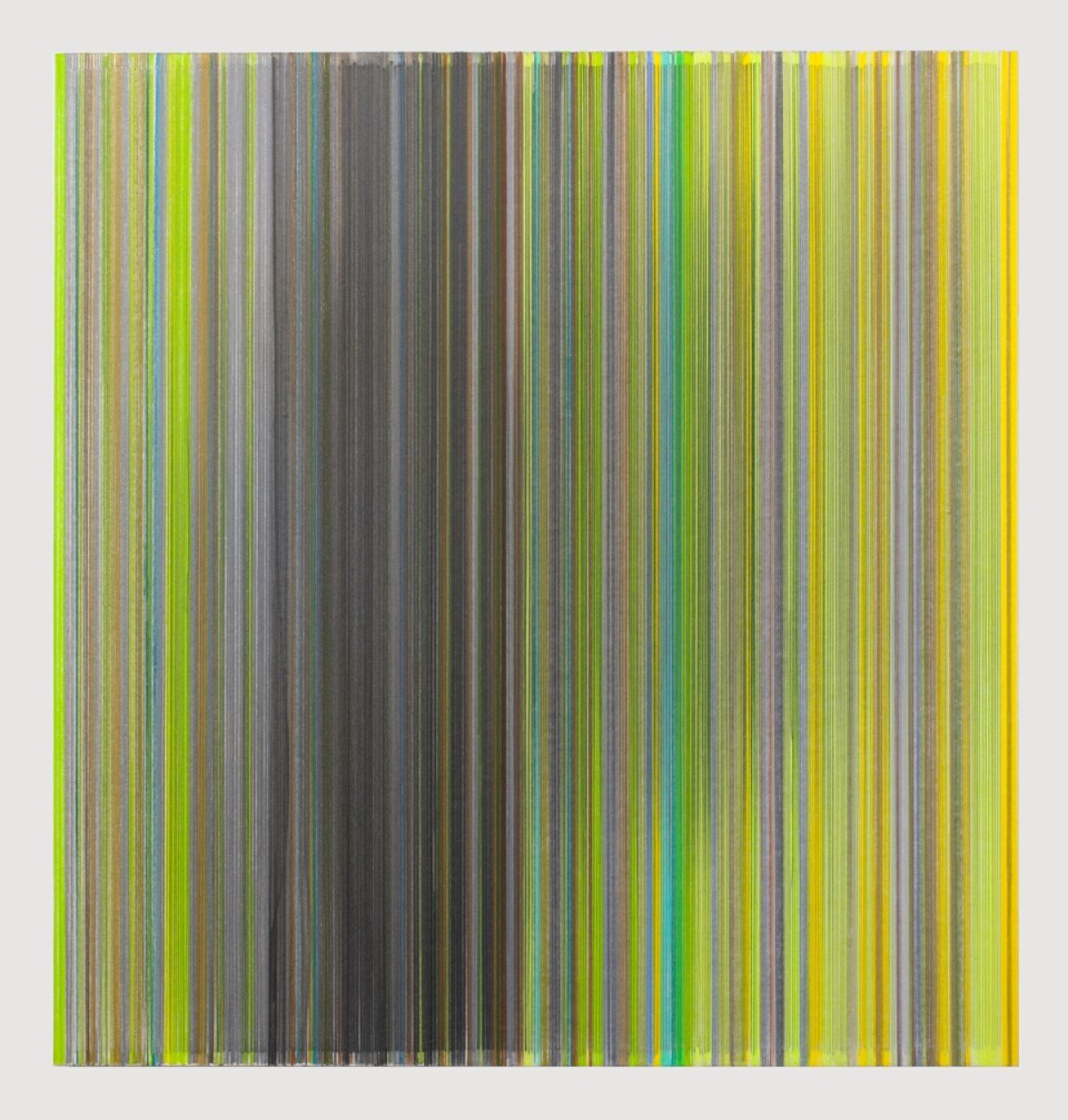 Densely layered vertical lines in shades of lime green, yellow, gray, brown, and teal create an abstract composition with subtle tonal variations that shift across the rectangular field, evoking a sense of movement and atmospheric depth.