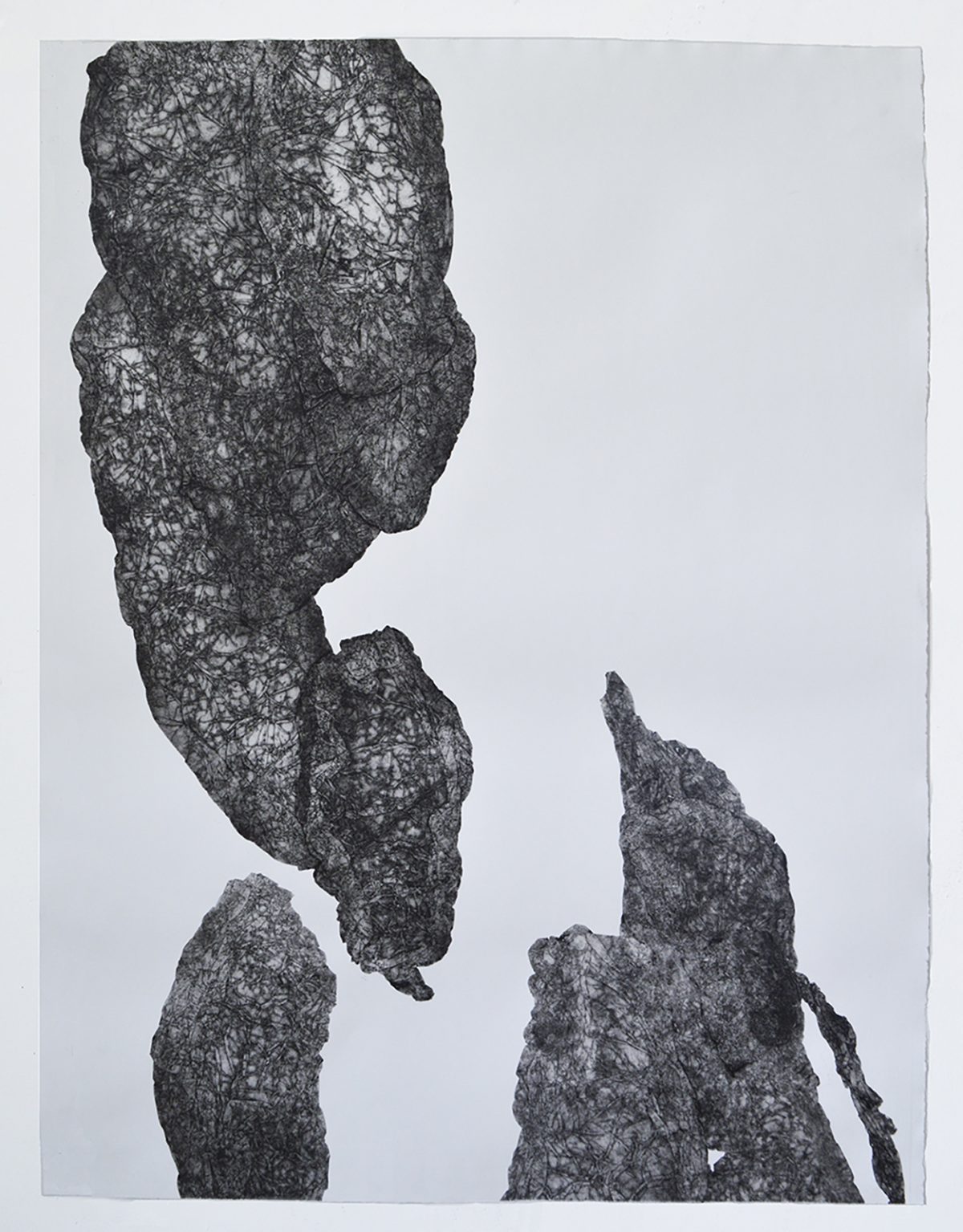A monoprint featuring three abstracted stone or rock-like forms rendered in dark gray and black against a light background. The forms are densely textured with intricate linear marks and organic patterning, creating a weathered, geological appearance. The composition is vertically oriented with the largest form positioned centrally above, while two smaller forms occupy the lower portion of the frame.