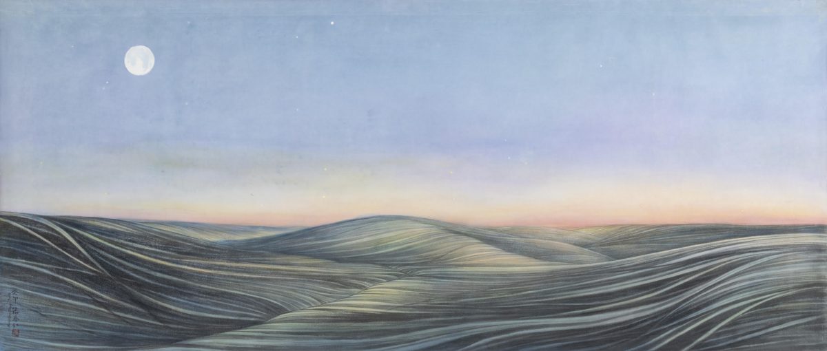 Rolling hills rendered in soft greens and grays stretch across the composition under a twilight sky, with a luminous full moon positioned in the upper left. Delicate brushstrokes create flowing, wave-like patterns across the undulating landscape, conveying a serene, dreamlike quality.