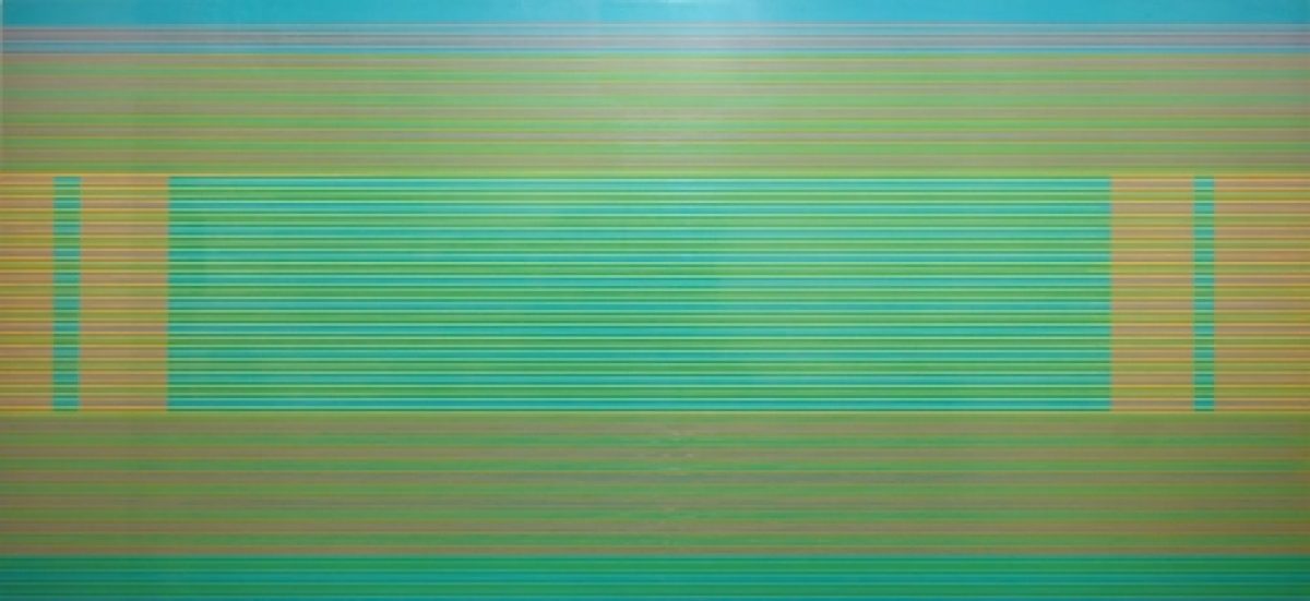 Horizontal composition with alternating bands of turquoise and warm tan tones, featuring a central rectangular field of fine horizontal lines in cyan and olive green, flanked by vertical striped sections on either side. The layered, striped pattern creates a rhythmic, woven-like visual effect across the rectangular format.