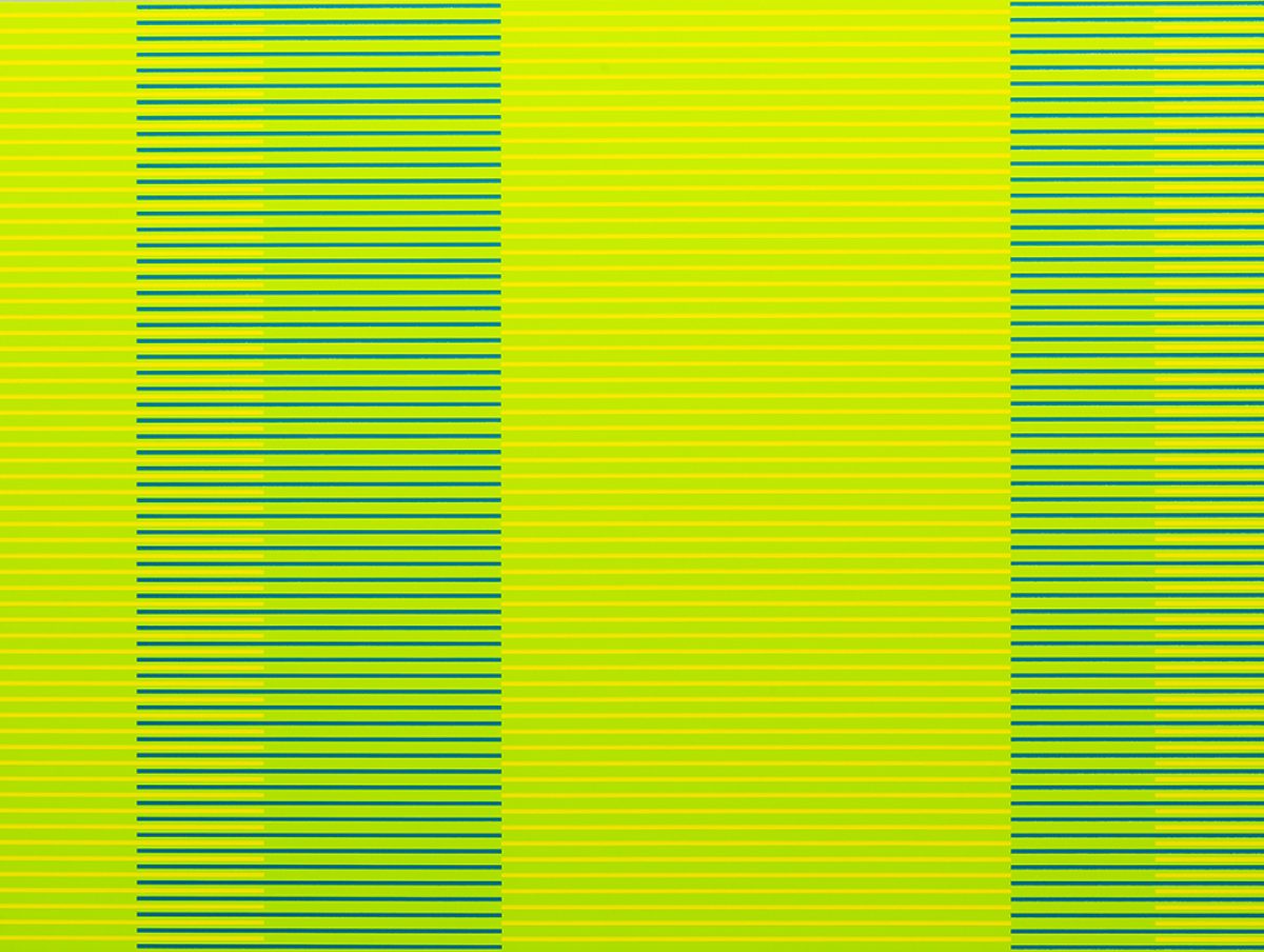 Horizontal stripes in shades of green, chartreuse, and blue-green transition gradually across the composition, creating three vertical sections with varying stripe widths and color intensities against a bright yellow-green background.