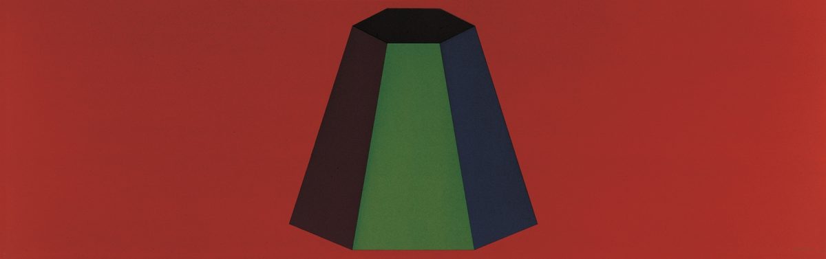 A geometric trapezoid in shades of dark red, forest green, and navy blue sits centered against a vibrant red background. The flat-topped pyramid form is rendered in bold, flat color blocks with clean edges, characteristic of minimalist art.