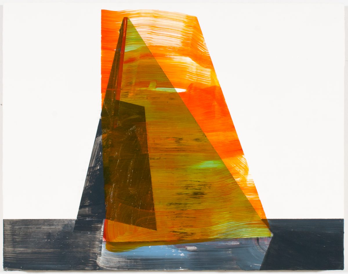 A geometric abstraction featuring a translucent cone-shaped form in vibrant oranges and yellows with lime green accents, rendered with visible brushstrokes. The figure stands against a dark navy base and pale background, creating a striking contrast between warm and cool tones.