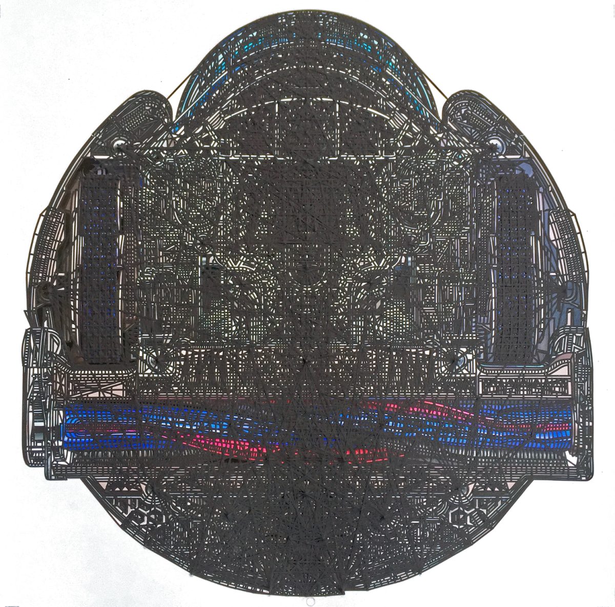 A detailed architectural cross-section of a spherical robotic vacuum rendered in black ink with blue and red tape highlighting interior mechanical components and pathways. The composition presents a symmetrical, dome-shaped structure with intricate line work throughout, revealing layers of circuitry, channels, and mechanical systems in a technical blueprint style.