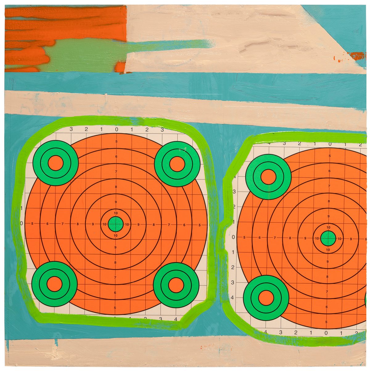 Two target-like shooting range papers with orange concentric circles and green-rimmed bullseyes are mounted on a colorful collage background of turquoise, cream, and lime green painted sections with horizontal striping, creating a stark contrast between the geometric precision of the targets and the gestural abstraction of the surrounding composition.