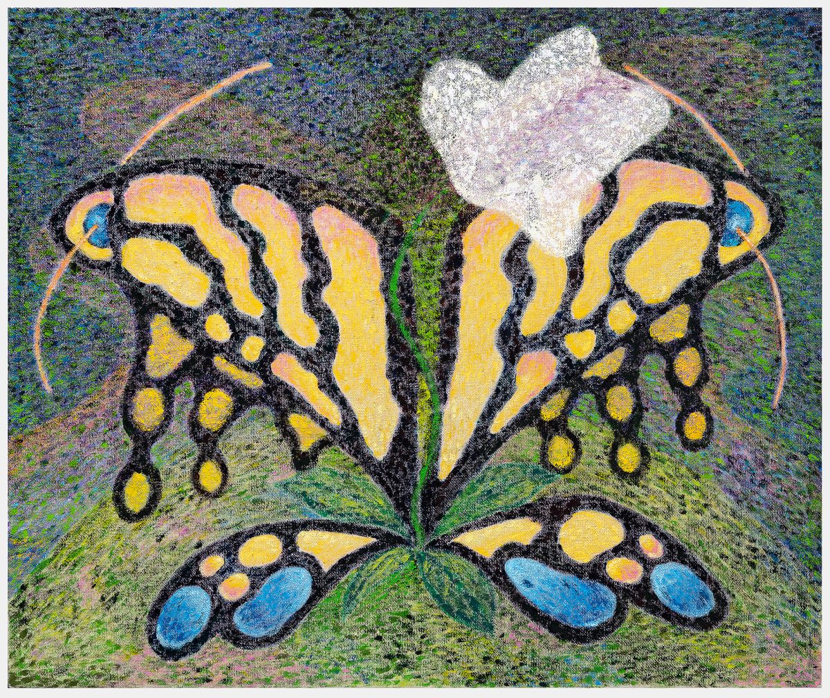 A stylized butterfly rendered in bold black outlines with yellow and blue wing markings against a textured green and multicolored background. The composition features symmetrical wings with organic, flowing patterns and circular spots, topped with a white and lavender form suggesting the butterfly's head.