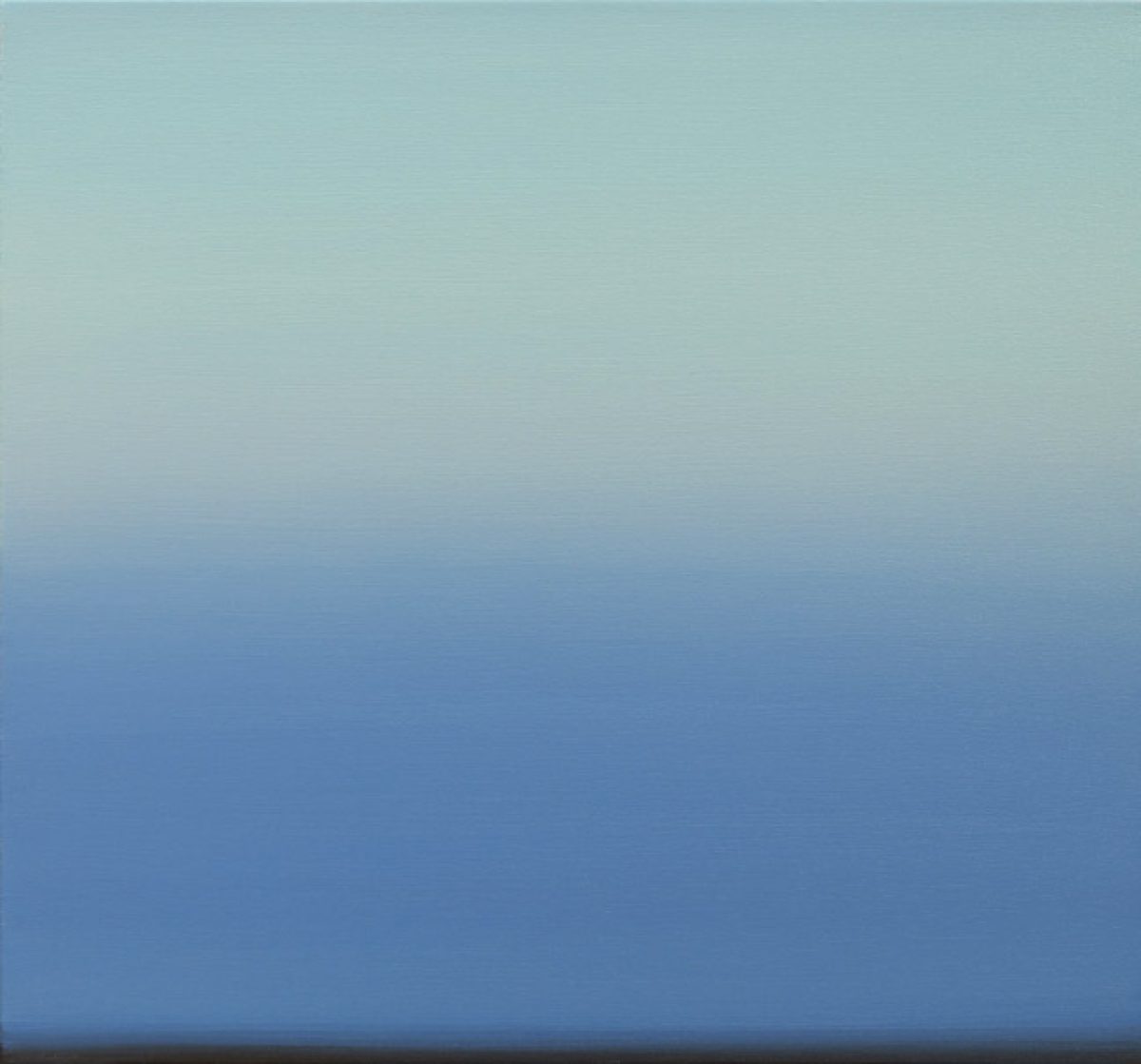 A minimalist composition featuring a horizontal gradient that transitions from pale gray-green at the top through soft blue tones to deeper blue at the bottom, with a dark horizontal line across the lower edge.