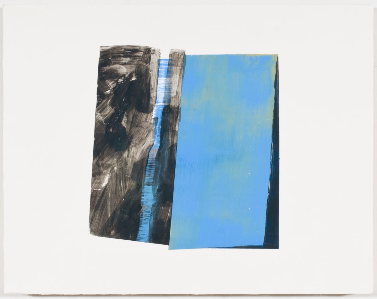 Two overlapping rectangular panels mounted on a light background. The left panel features dark, gestural brushstrokes in black and gray with hints of white. The right panel is rendered in bright blue with a subtle gradient toward yellow-green at the top edge. A thin strip of blue paint visible between them creates a vertical accent.