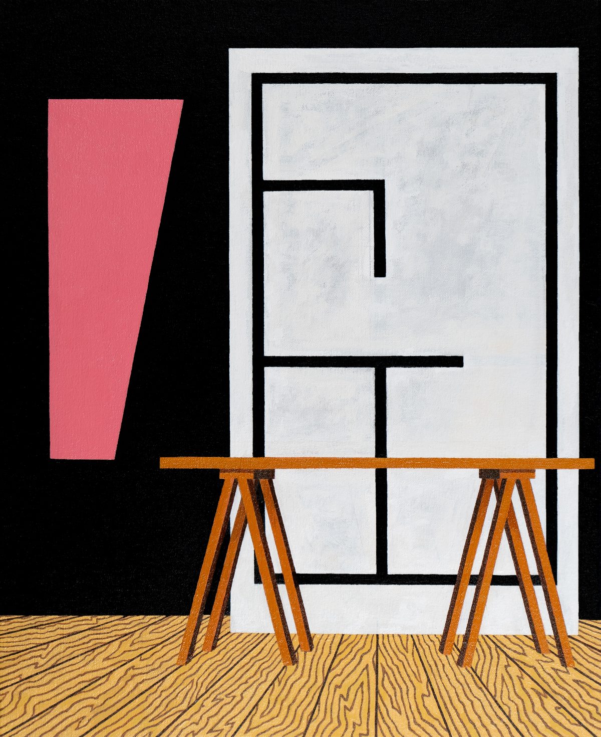 A minimalist composition featuring an architectural floor plan rendered in black lines on a white rectangular panel, supported by two wooden A-frame easels with an orange-brown beam. To the left stands a pink trapezoidal form against a black background, while a wood-grain patterned floor grounds the scene below.