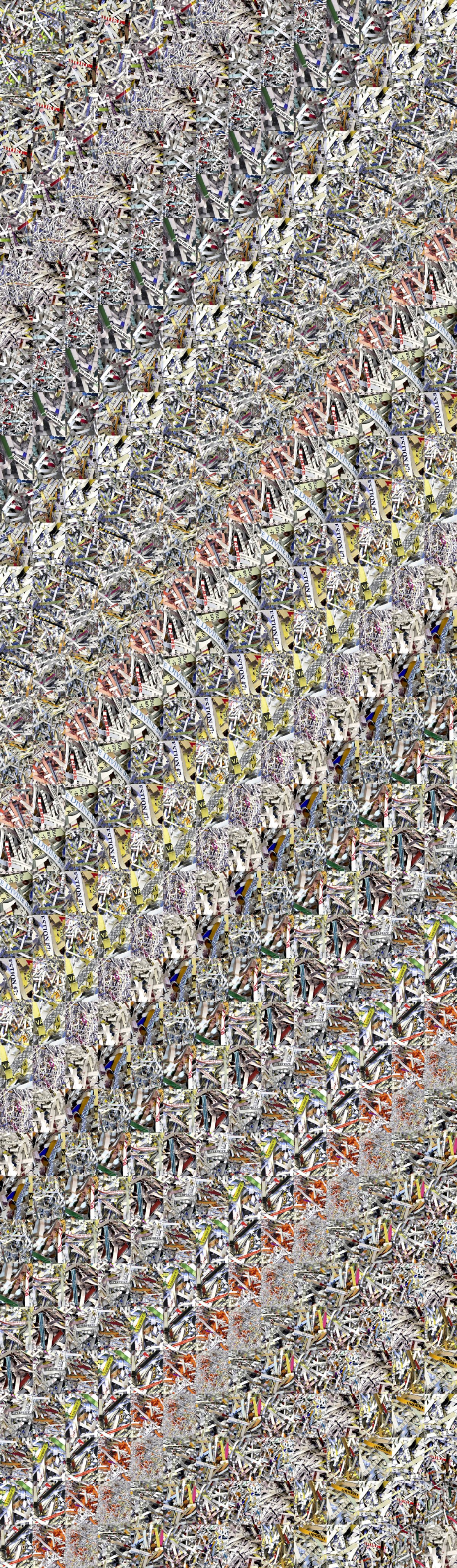 Densely layered vertical columns of intricate black-and-white line drawings and sketches, interspersed with bands of color including yellow, red, and green, creating a complex, repetitive pattern that fills the entire composition.
