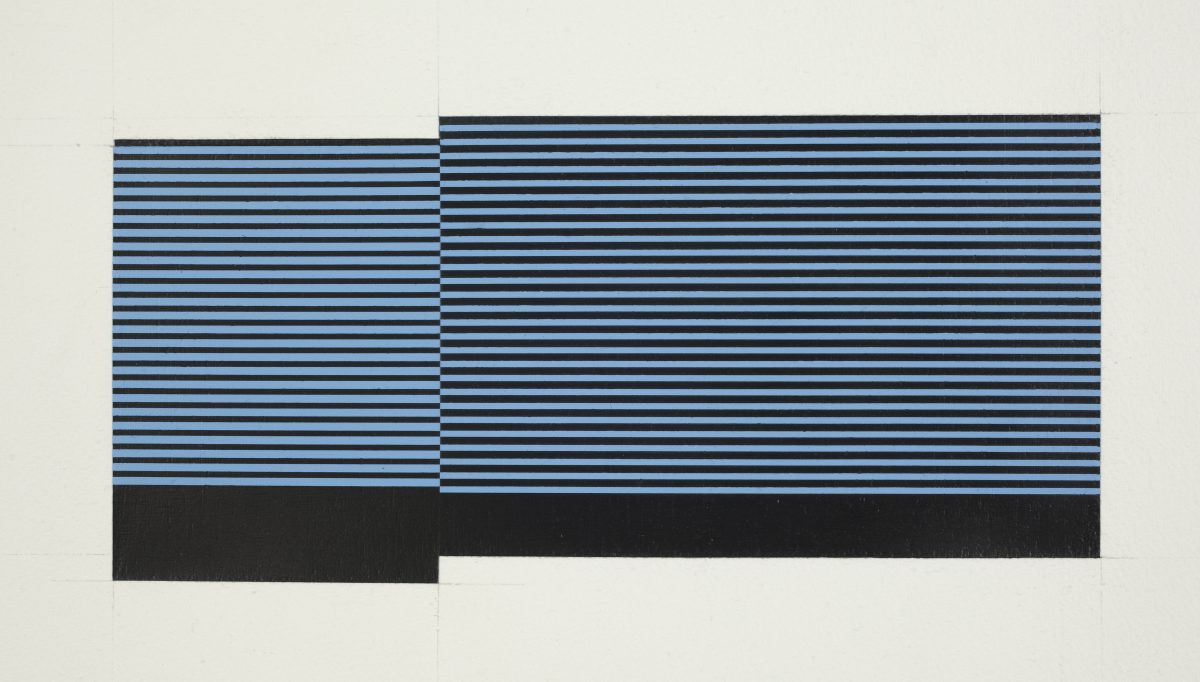 Horizontal composition of alternating thin black and light blue stripes divided into two sections, with the right section slightly wider than the left. A solid black band runs across the bottom third of the work, disrupting the striped pattern above.