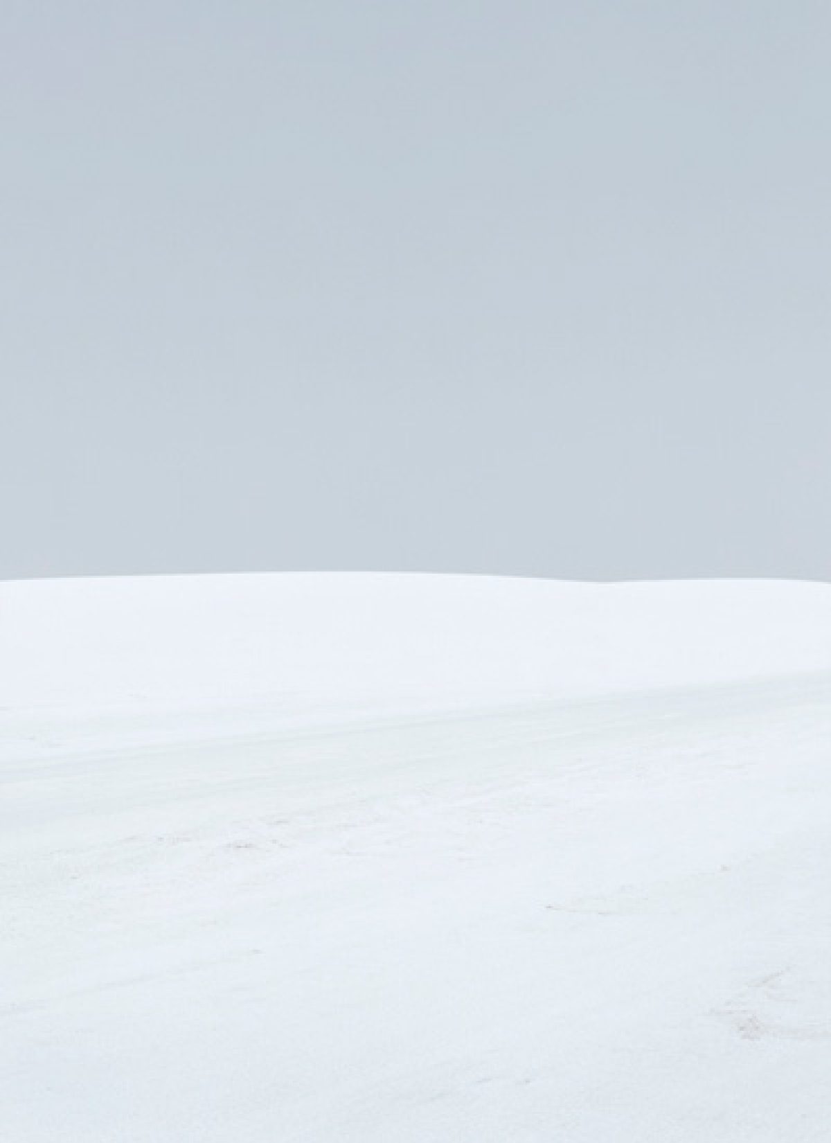 Minimalist landscape divided by a subtle curved horizon line, with a pale blue-grey sky occupying the upper portion and a soft white snow-covered ground below, rendered in muted tones with delicate tonal variations.