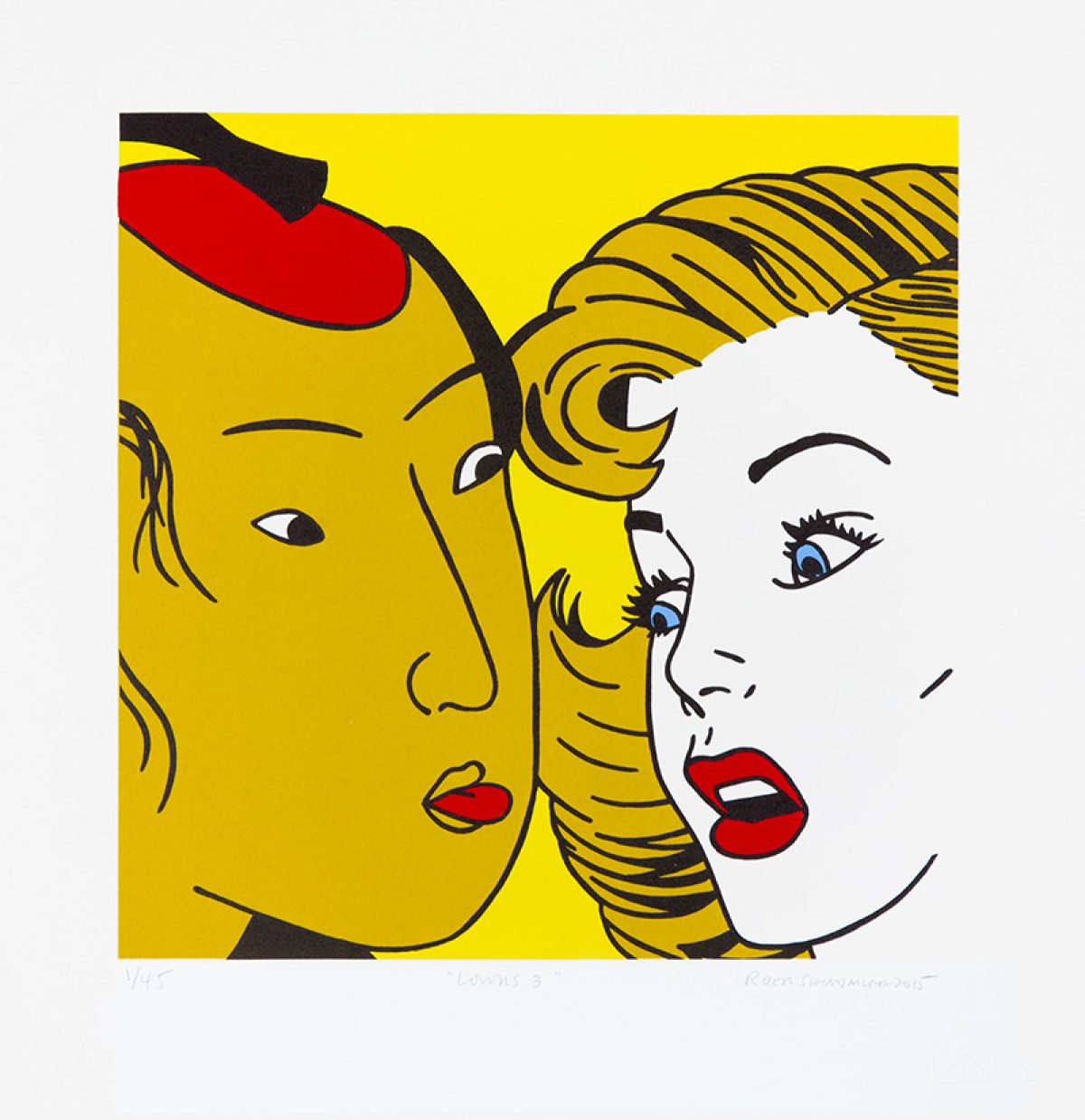 Two figures with blonde hair and bold graphic features rendered in a Pop Art style against a bright yellow background. The composition features contrasting skin tones—one face rendered in yellow, the other in white—with striking red lips, defined black line work, and blue eyes. A red shoe or curved form appears in the upper left corner, integrated into the dynamic, overlapping composition.
