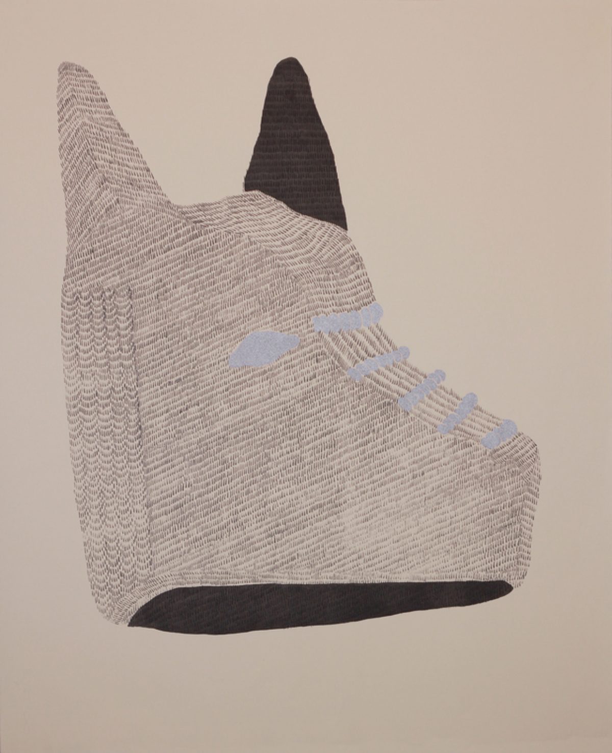 An abstract composition featuring a stylized helmet form rendered in layered graphite and silver ink with linear hatching patterns. Dark charcoal and lighter textured areas create dimensional contrast against a neutral beige background, with blue accents suggesting straps or structural elements.