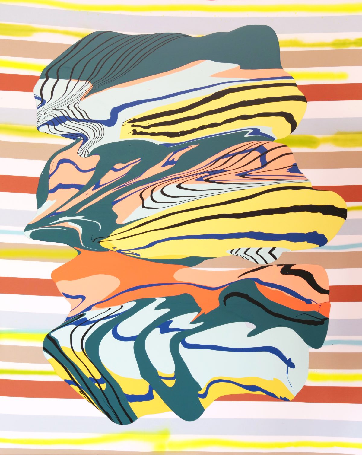 Abstract composition featuring stacked, organic shapes in teal, yellow, orange, and cream with black linear details, set against a striped background of horizontal bands in complementary colors. Fluid, layered forms suggest movement and depth through bold color blocking and gestural line work.