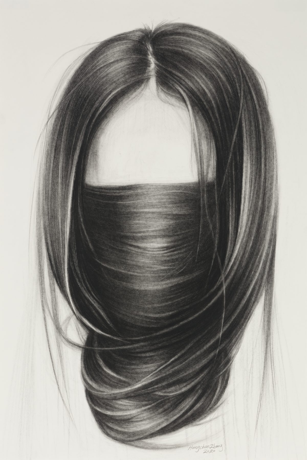 A graphite charcoal drawing of long dark hair rendered with careful attention to light and shadow, depicting strands swept across the face and shoulders against a pale background. The work emphasizes texture and volume through layered tonal values.