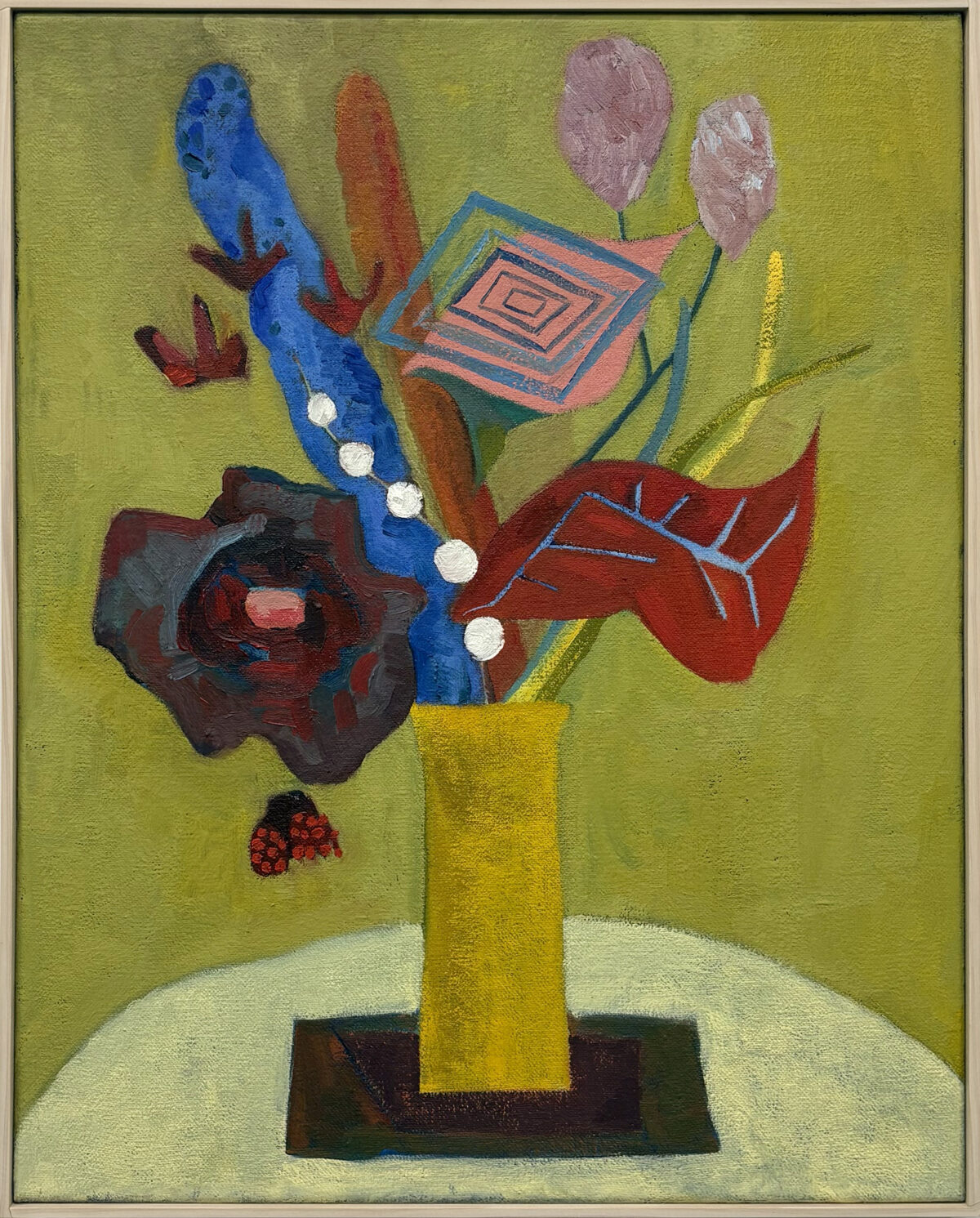 An abstract still life painting featuring a yellow vase holding an eclectic arrangement of stylized flora against a chartreuse background. The composition includes a vibrant blue serpentine form dotted with white circles, deep red and burgundy blooms, pale purple and mauve tulip-like flowers, geometric patterned elements, and delicate yellow botanical details, all rendered in bold, expressive brushwork.