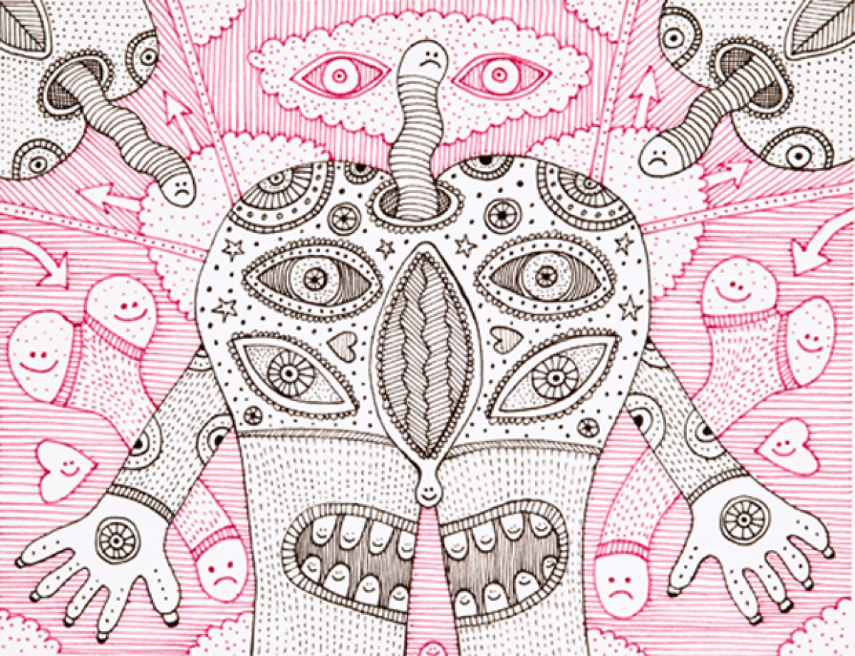 Intricate black ink drawing on white paper with pink accents, featuring a symmetrical skull-like face with elaborate decorative patterns, multiple eyes, and ornamental details. Surrounding the central figure are whimsical elements including smiling faces, hands, and radiating lines in a psychedelic, surrealist style.