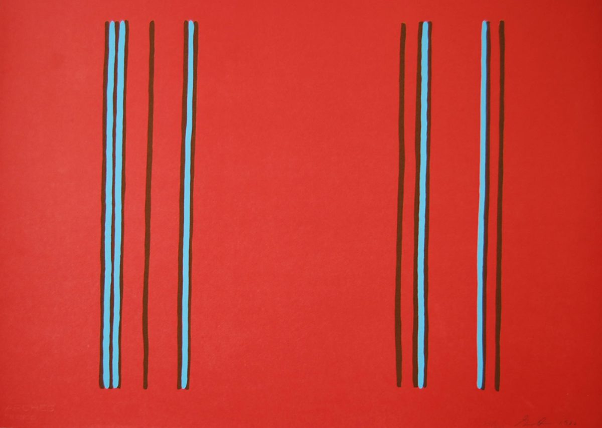 Vertical stripes in turquoise and dark brown arranged in two groups against a bright red background, creating a rhythmic, minimalist composition with clean geometric forms.