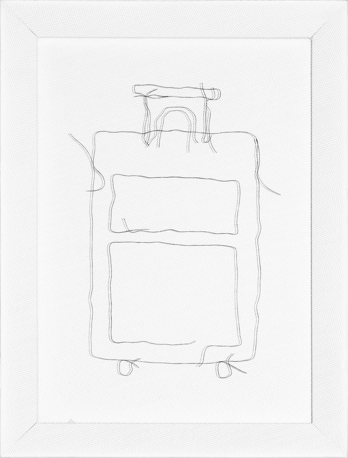 Hand-drawn line sketch on translucent fabric depicting a rectangular suitcase with a handle at the top and wheels at the bottom, rendered in dark thread with loose, gestural linework against a white ground.