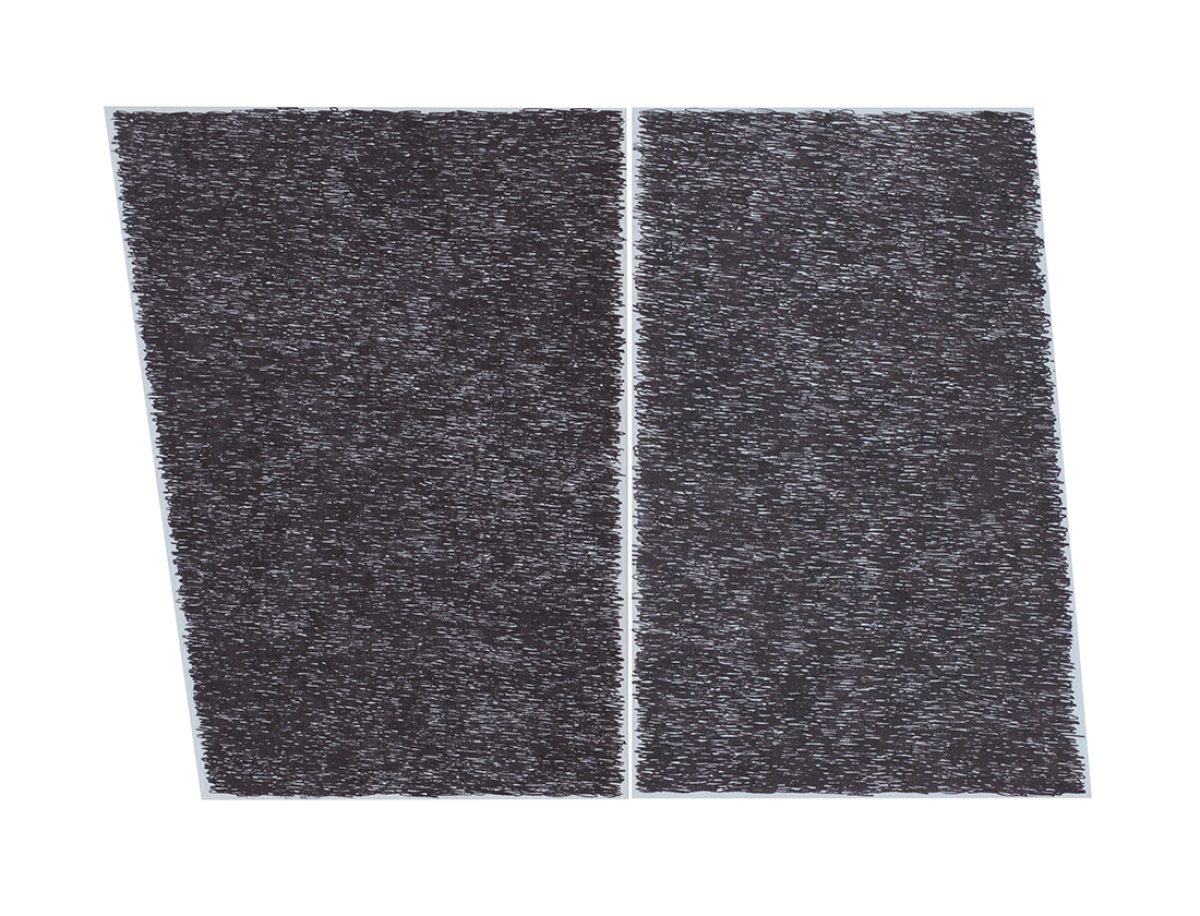 Two rectangular panels with textured surfaces created by dense, horizontal linear marks in black ink on paper, positioned side by side with a thin gap between them. The panels lean slightly inward, creating a subtle trapezoidal form.