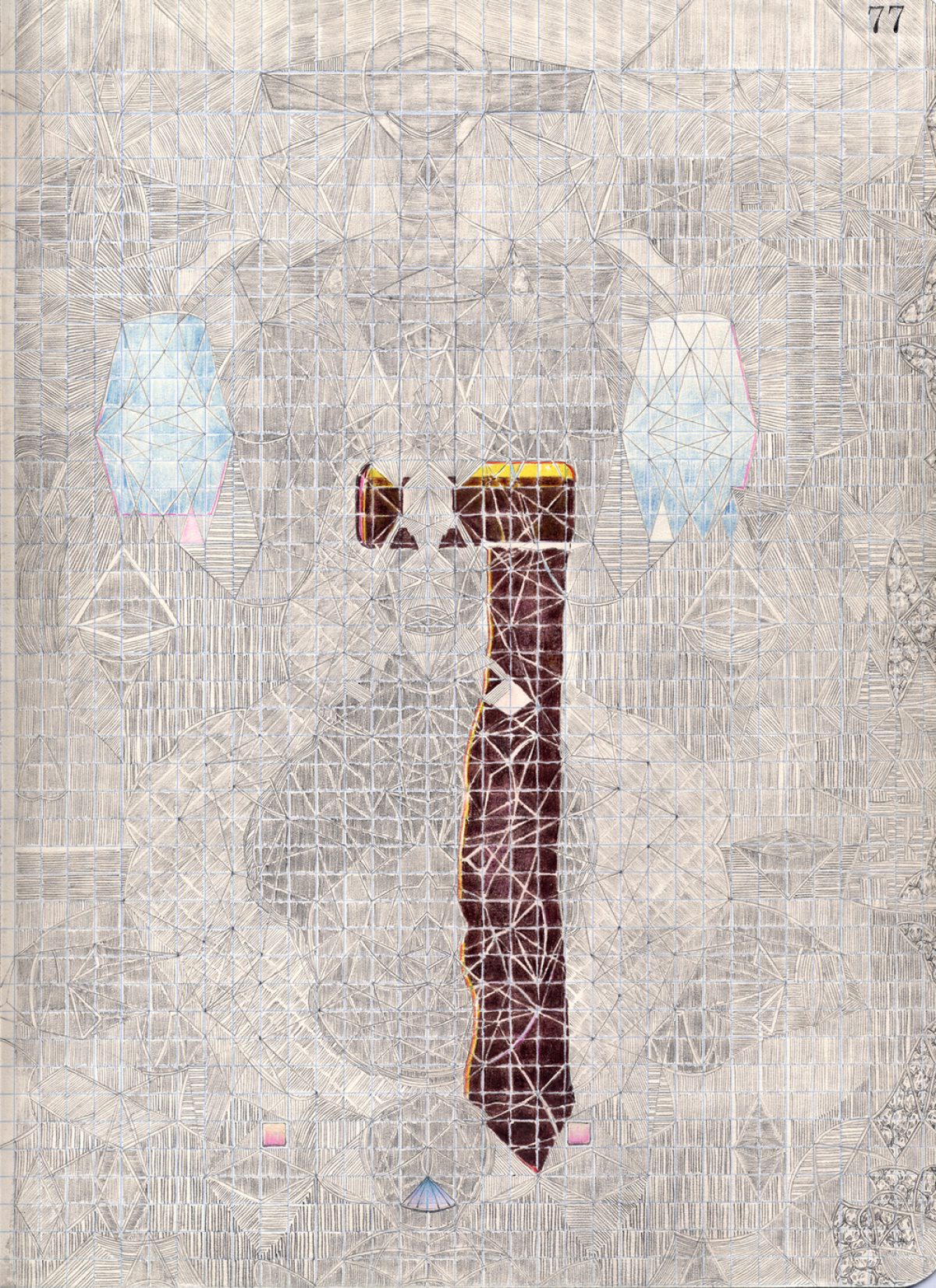 A symmetrical geometric composition featuring a central dark burgundy vertical form with gold accents, flanked by two light blue shapes on either side. The entire work is layered over an intricate background of fine linear patterns and interconnected geometric lines in graphite, creating a dense, web-like texture across the paper.