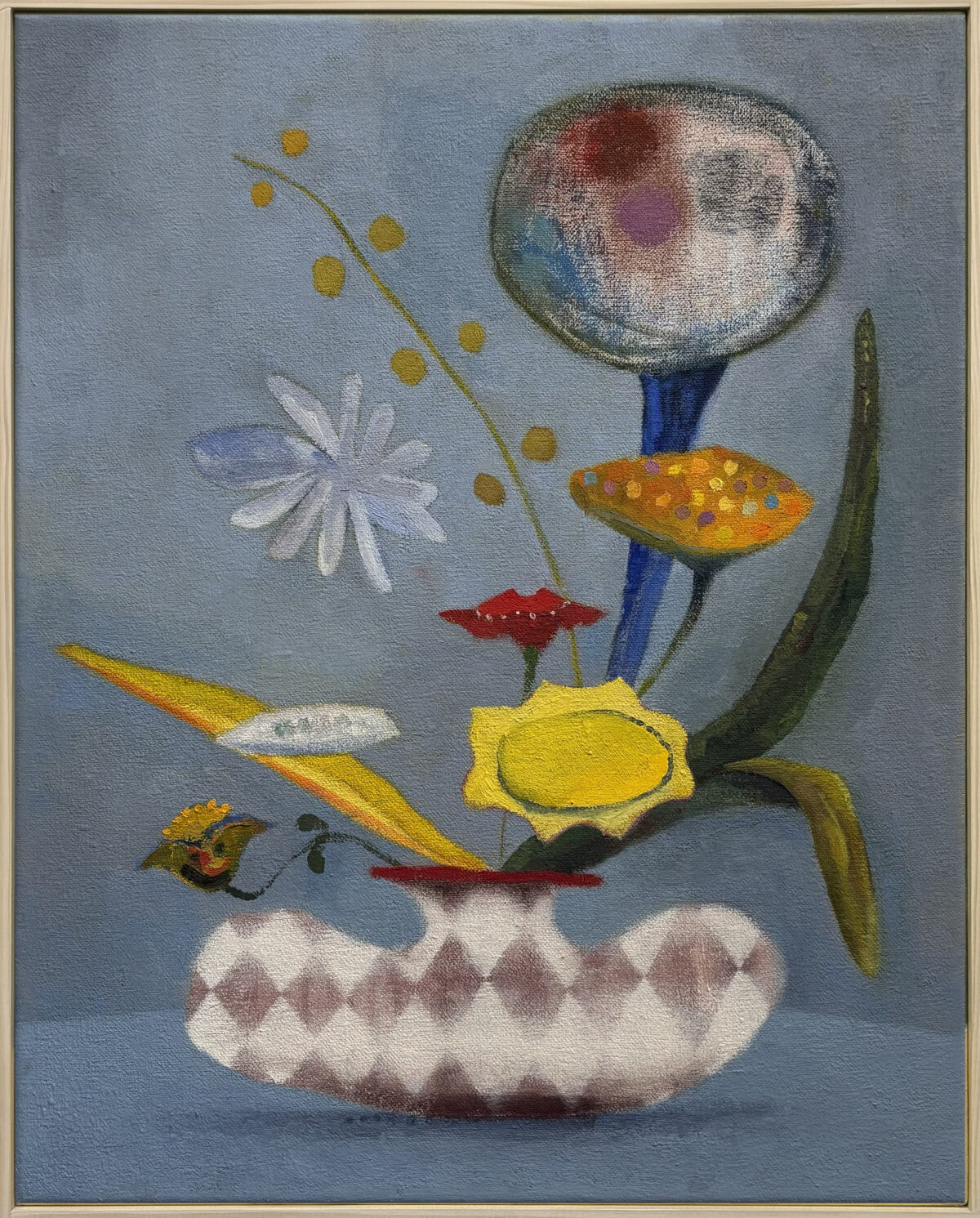 A surreal oil painting featuring a stylized face with colorful abstract markings atop a blue neck, surrounded by whimsical botanical elements including flowers, leaves, and dotted stems arranged against a soft blue background. The composition incorporates a yellow oval form and a cloud-like base rendered in muted tones.
