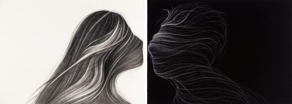 Diptych artwork depicting a figure with long, flowing hair shown in profile against contrasting backgrounds—the left panel rendered in detailed grayscale tones on a light ground, the right panel executed in white linear marks on black. Both compositions emphasize the graceful movement and texture of the hair through parallel, undulating lines.