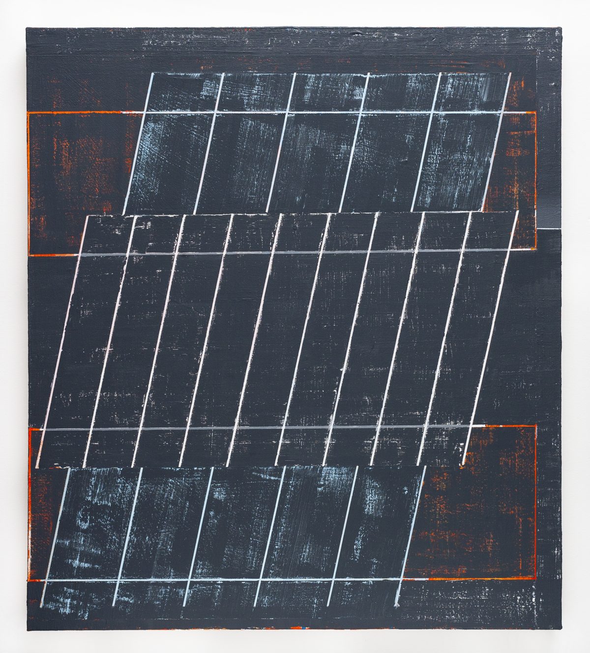Dark canvas with white linear grid patterns creating a three-dimensional perspective effect, overlaid with an orange rectangular frame. The composition features layered geometric shapes with visible brushwork and a weathered, textured surface.