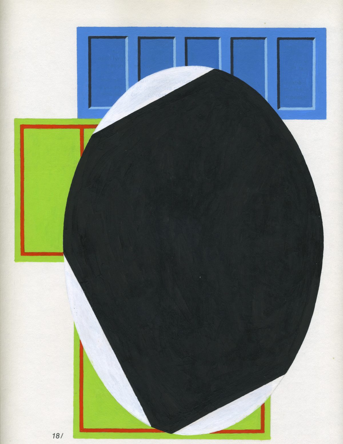 A large black oval form with white highlights occupies the center of the composition, set against a cream background. Behind it, geometric rectangular shapes in bright lime green and blue with red outlines create a layered, architectural backdrop.