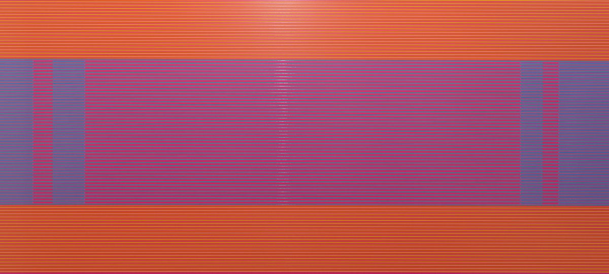 Horizontal composition of vibrant horizontal stripes in red, orange, yellow, and blue, with a central rectangular area featuring layered red and blue bands creating a sense of depth and movement against the warmer striped background.