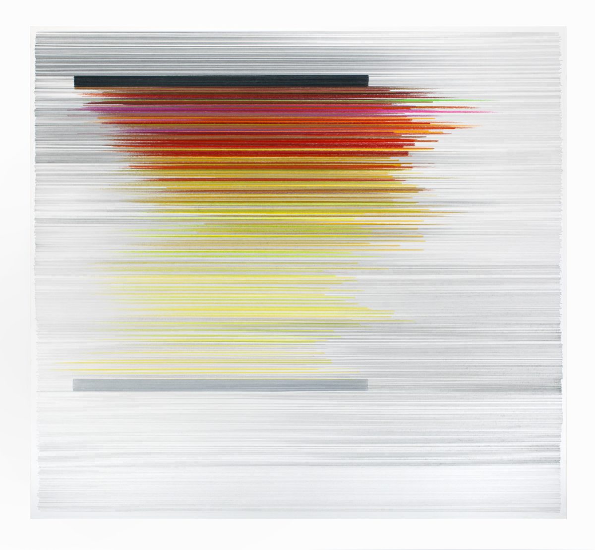 Horizontal layers of colored pencil strokes in shades of black, red, orange, yellow, and green radiate outward across a white mat board surface, creating a dynamic gradient effect that suggests movement or dispersal. The composition features two solid gray rectangular bars—one at top and one at bottom—framing the central burst of warm and cool tones.