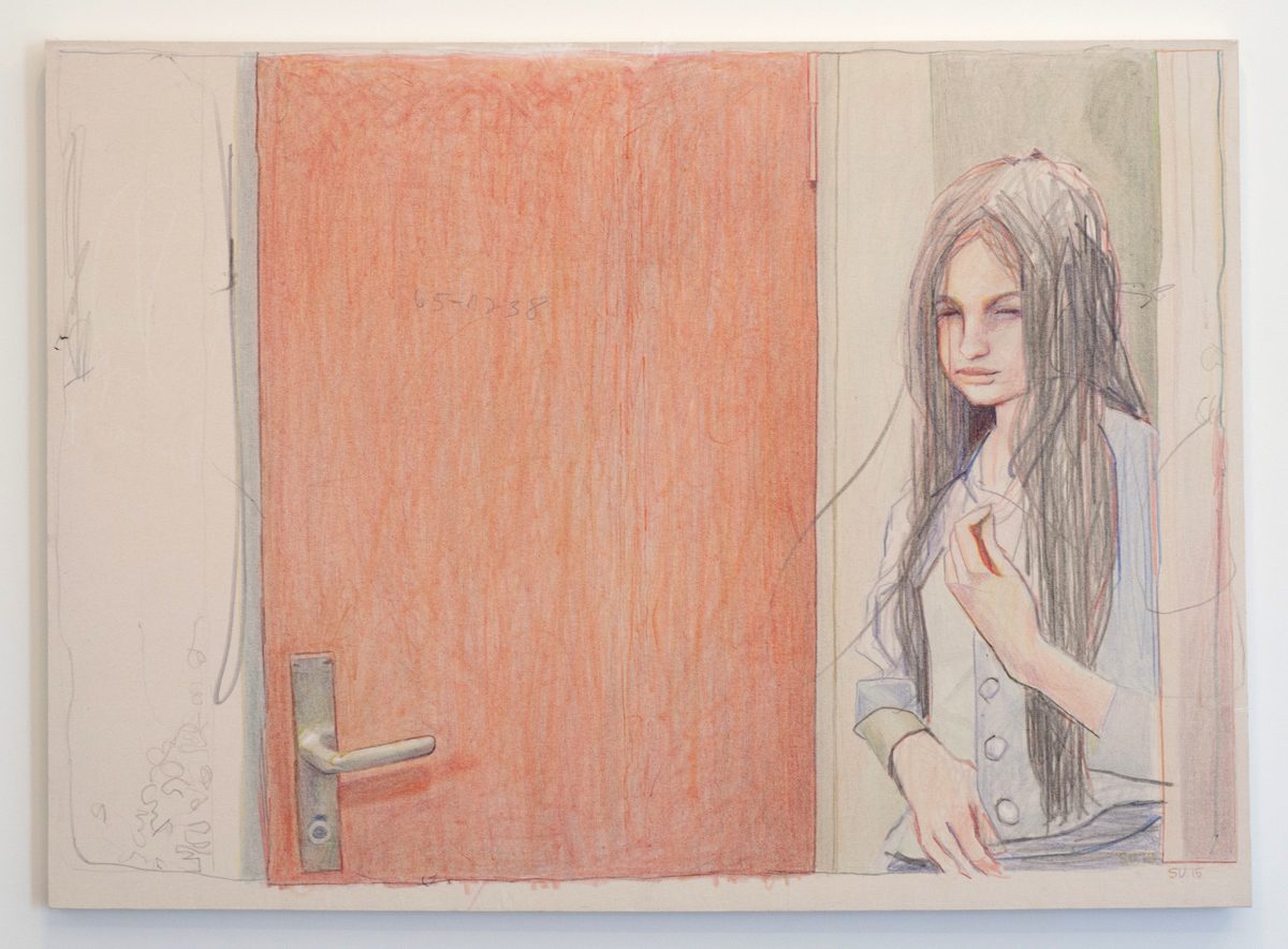 A figure with long dark hair peers through a doorway, rendered in colored pencil and crayon. The composition is divided by a large coral-red door on the left, with the woman occupying the right side against a neutral background, her gaze directed outward.