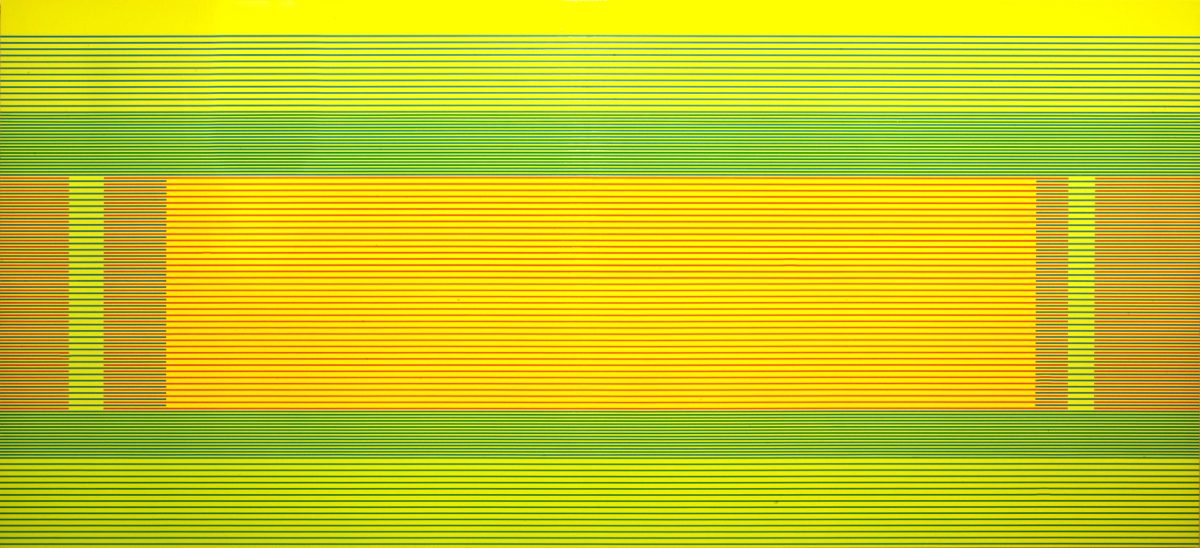 Horizontal composition with thin parallel lines in yellow-green and bright yellow creating a striped pattern throughout. A central rectangular band of pure yellow dominates the middle section, flanked by narrower vertical strips on either side, while the top and bottom portions transition through progressively darker green tones.