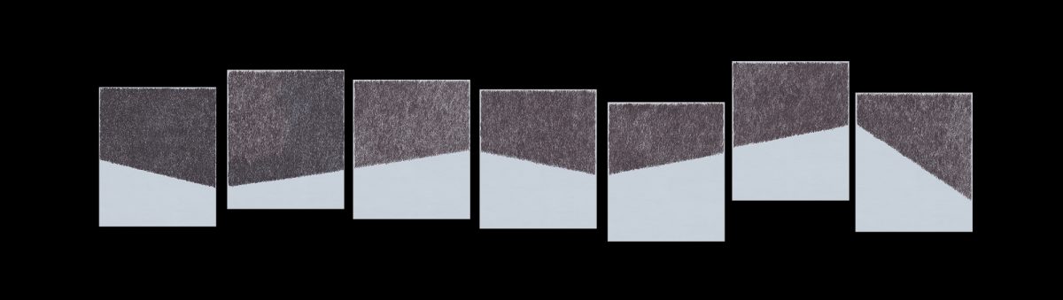 Seven rectangular panels arranged horizontally, each divided diagonally by a dark textured upper section and light gray lower section. The diagonal dividing lines vary in angle and position across the series, creating a rhythmic visual pattern of shifting geometric planes in black, gray, and white.