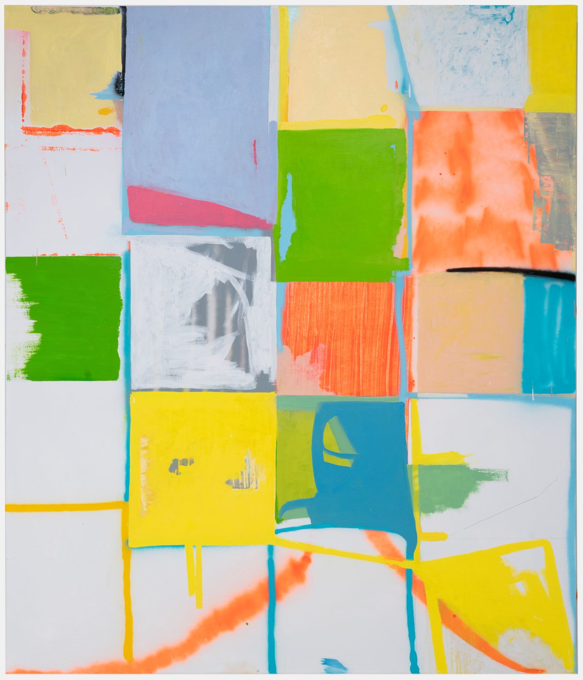 Abstract composition featuring a gridded arrangement of rectangular sections in vibrant colors including yellow, green, orange, blue, and pink, with gestural marks, horizontal lines, and layered paint creating a dynamic, fragmented visual rhythm across the canvas.