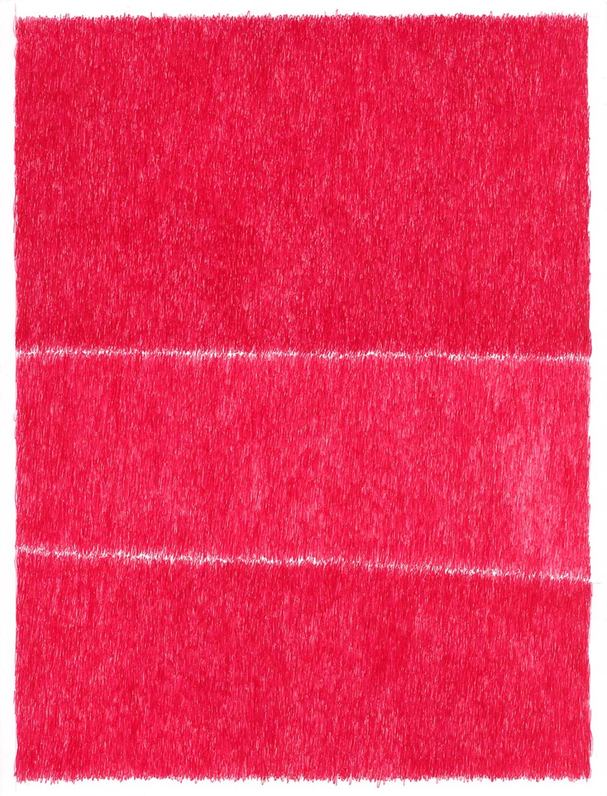 A vibrant red textured surface divided horizontally by two thin white lines, creating three distinct sections. The composition fills the entire frame with dense, brushed marks in varying shades of red and pink, creating a sense of movement and depth across the work.