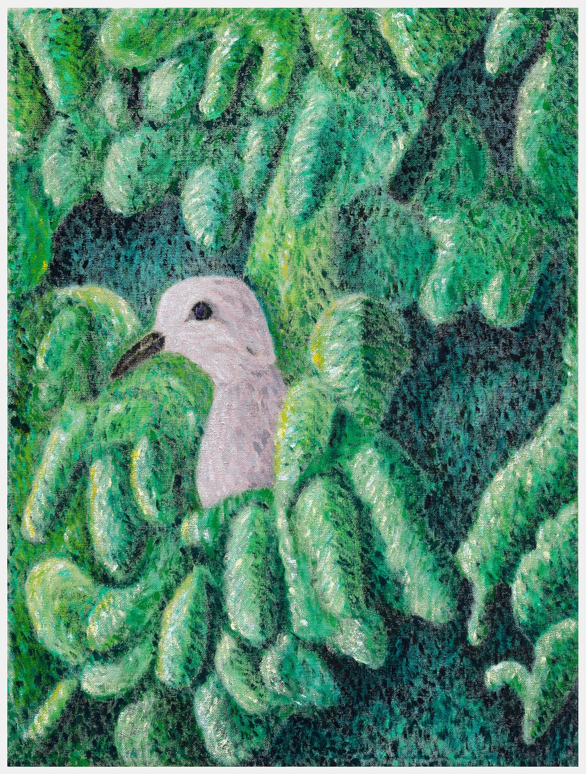 A pale gray bird with a dark eye and beak peers through dense, layered green foliage rendered in varied shades of emerald, lime, and teal. The composition emphasizes the contrast between the bird's soft, muted form and the richly textured, abstracted vegetation surrounding it.